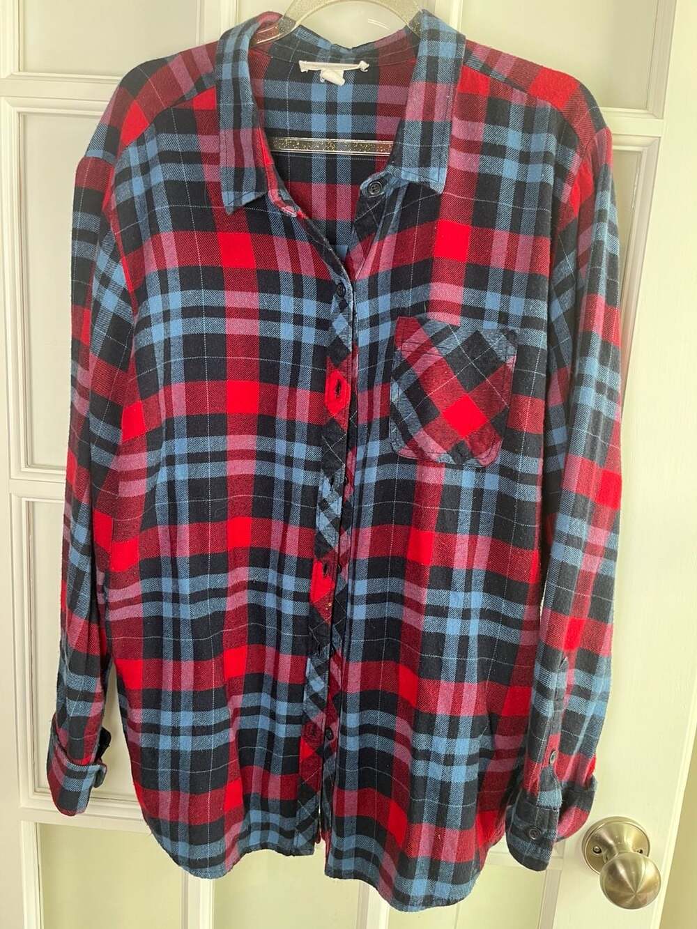 Beachlunchlounge Red and Blue Plaid Button-Back Flannel Shirt